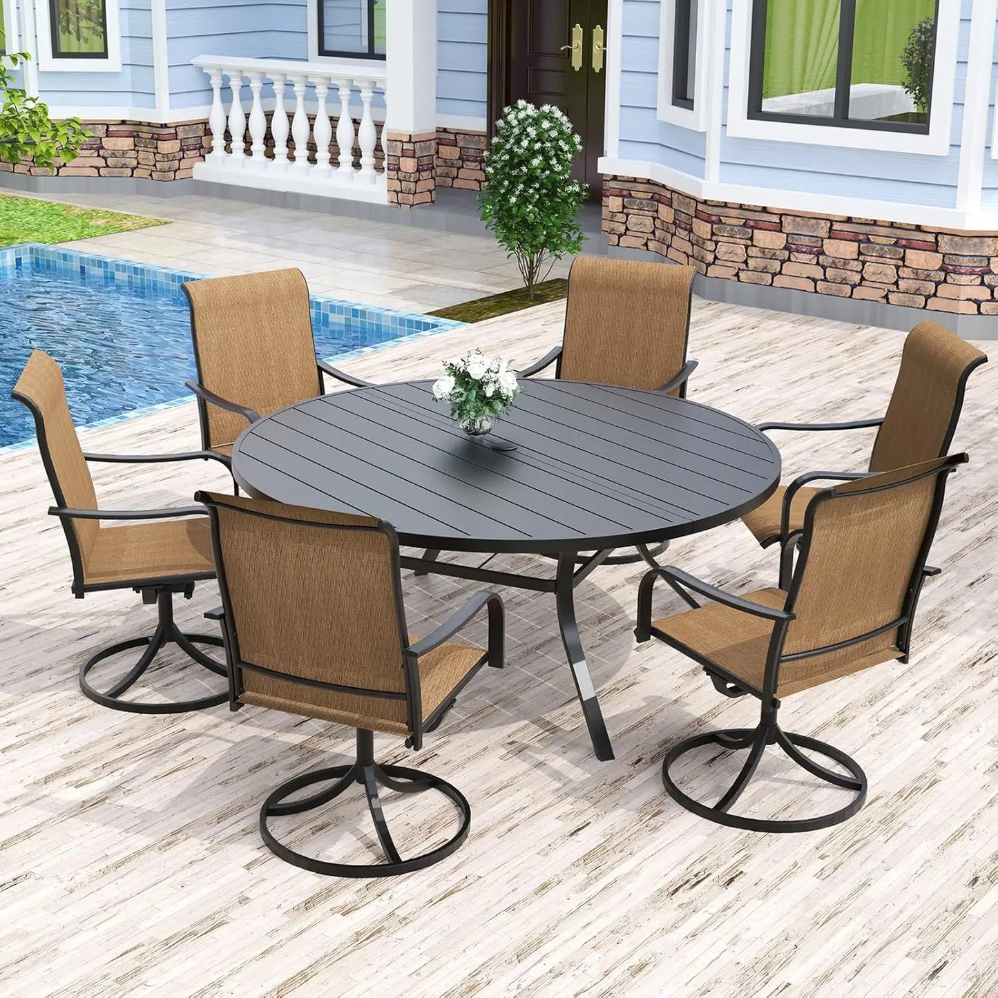 7 Piece Outdoor Patio Dining Set Swivel Chairs Round Table All Weather Lawn Garden Customized