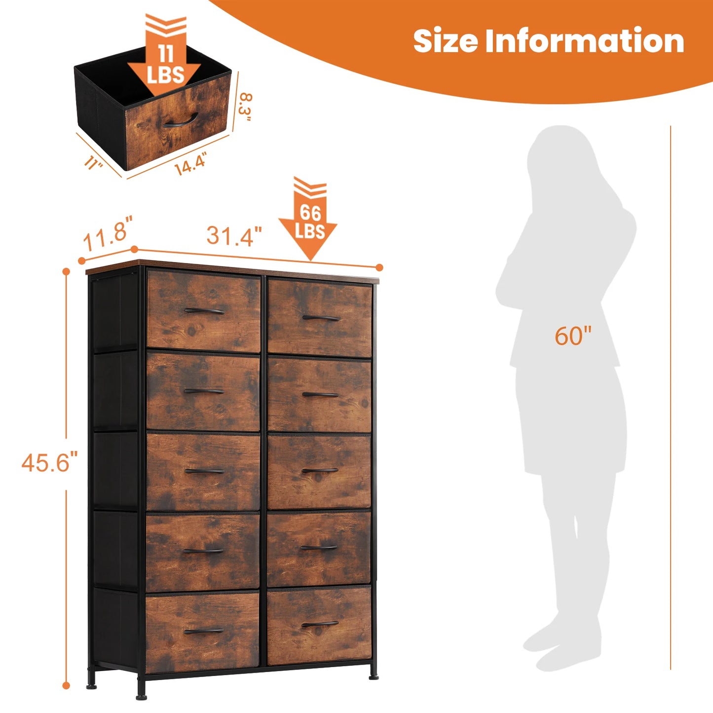 JHK Bedside Table With Fabric Drawers And Steel Frame