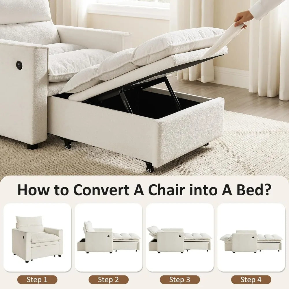 Convertible 3-in-1 Futon Sofa Bed with USB & Type-C Ports, Modern Multi-Functional Sleeper Chair Couch, Pull-Out Chaise Lounge