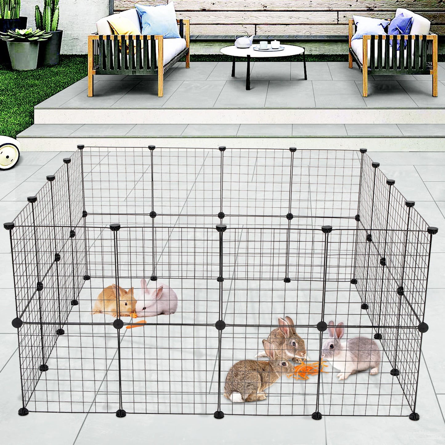 Pet Playpen: 24pcs (8pcs Free) Portable Metal Wire Fence for Guinea Pigs, Rabbits - Indoor Small Animal Cage/Tent (Black)