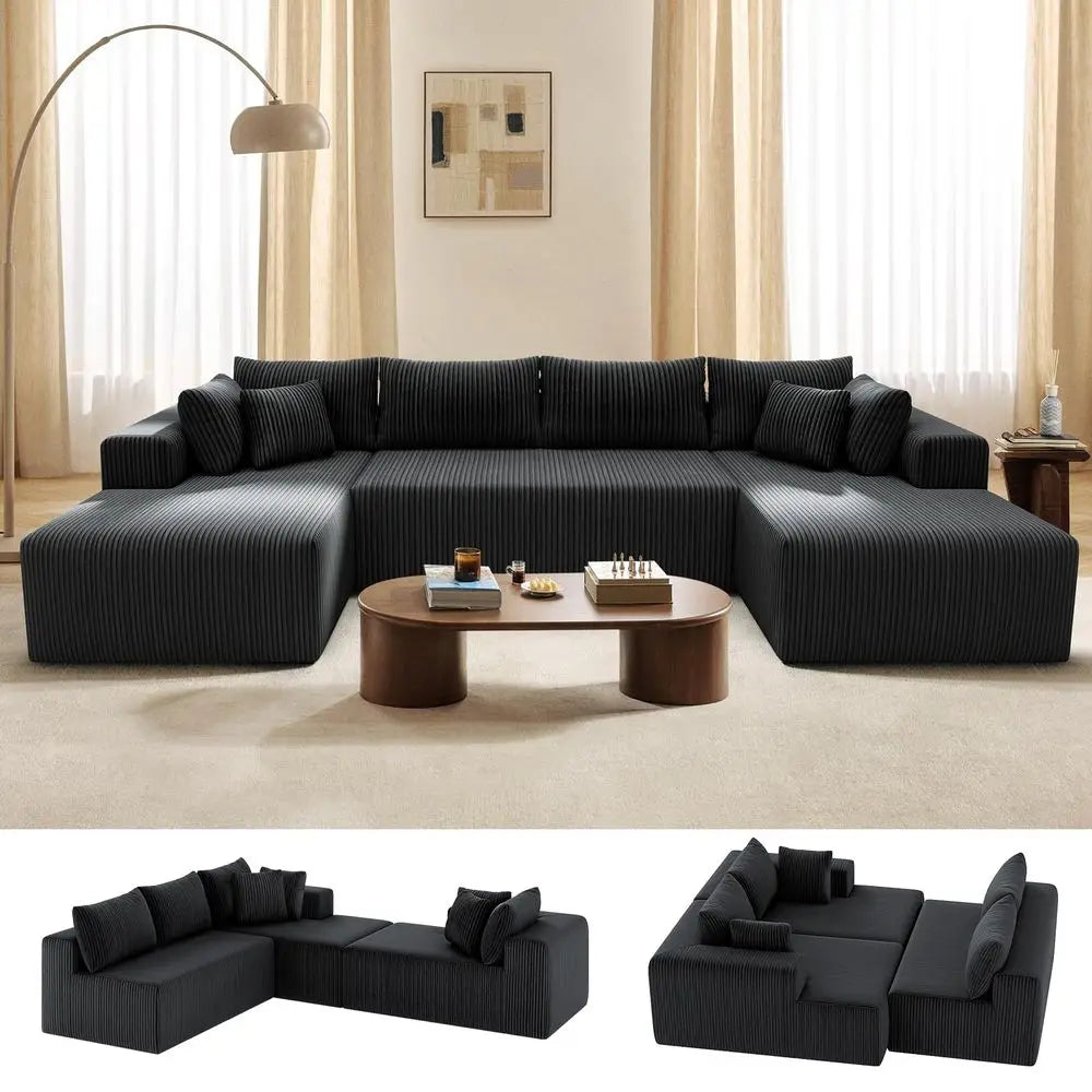 Couch UShaped Sectional Sofa, 134 Modular Boneless Couches for Living Room, Corduroy Deep Seat Sofa with 2 Chaise Lounges and 1