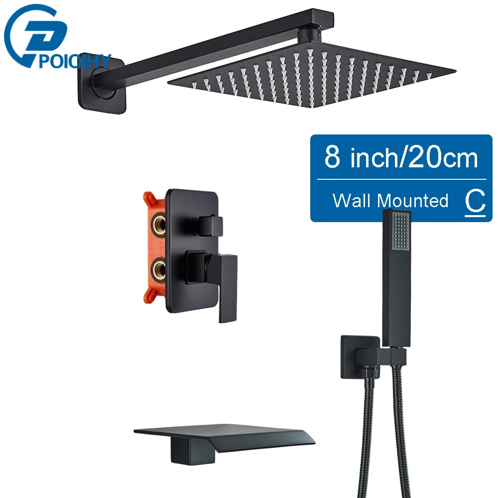 POIQIHY Embedded In Wall Shower Faucet Rainfall Stainless Steel 8/10/12/16" Shower Head Faucet Shower Tap Mixers Matte Black