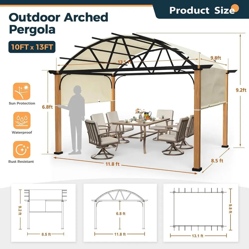 10' X 13' Outdoor Pergola with Sling Retractable Canopy, Wood-Like Aluminum Patio Pergola Shade for Patio, Backyard, Garden,Pool