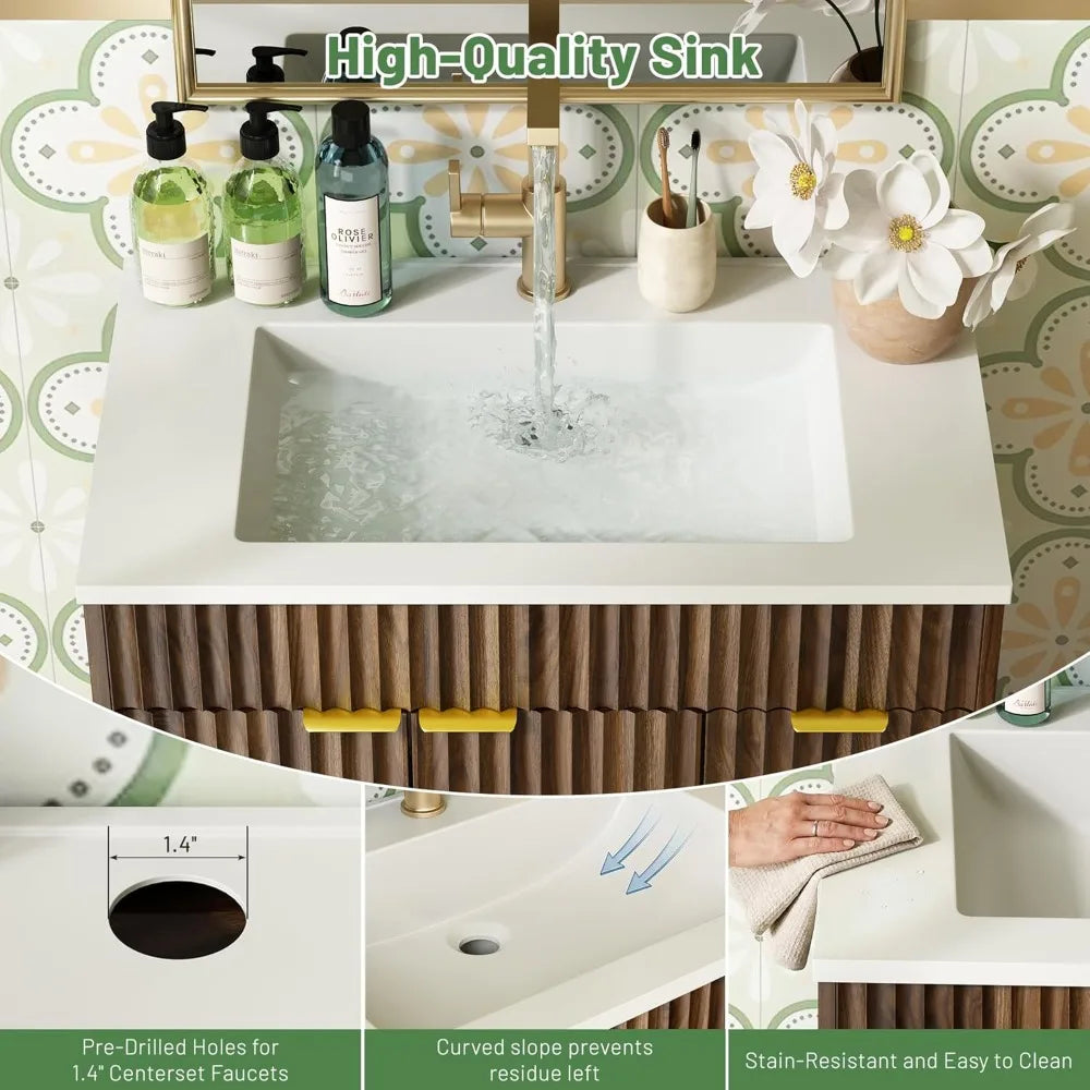 30 Inch Modern Fluted Bathroom Vanity with Sink, Storage Cabinet, Adjustable Shelf, Soft Closing Doors & Drawers in Walnut