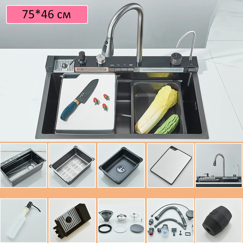 304 Stainless Steel Kitchen Sink Double Waterfall Single Slot Integrated Digital Display Faucet Set Soap dispenser Cup Washer