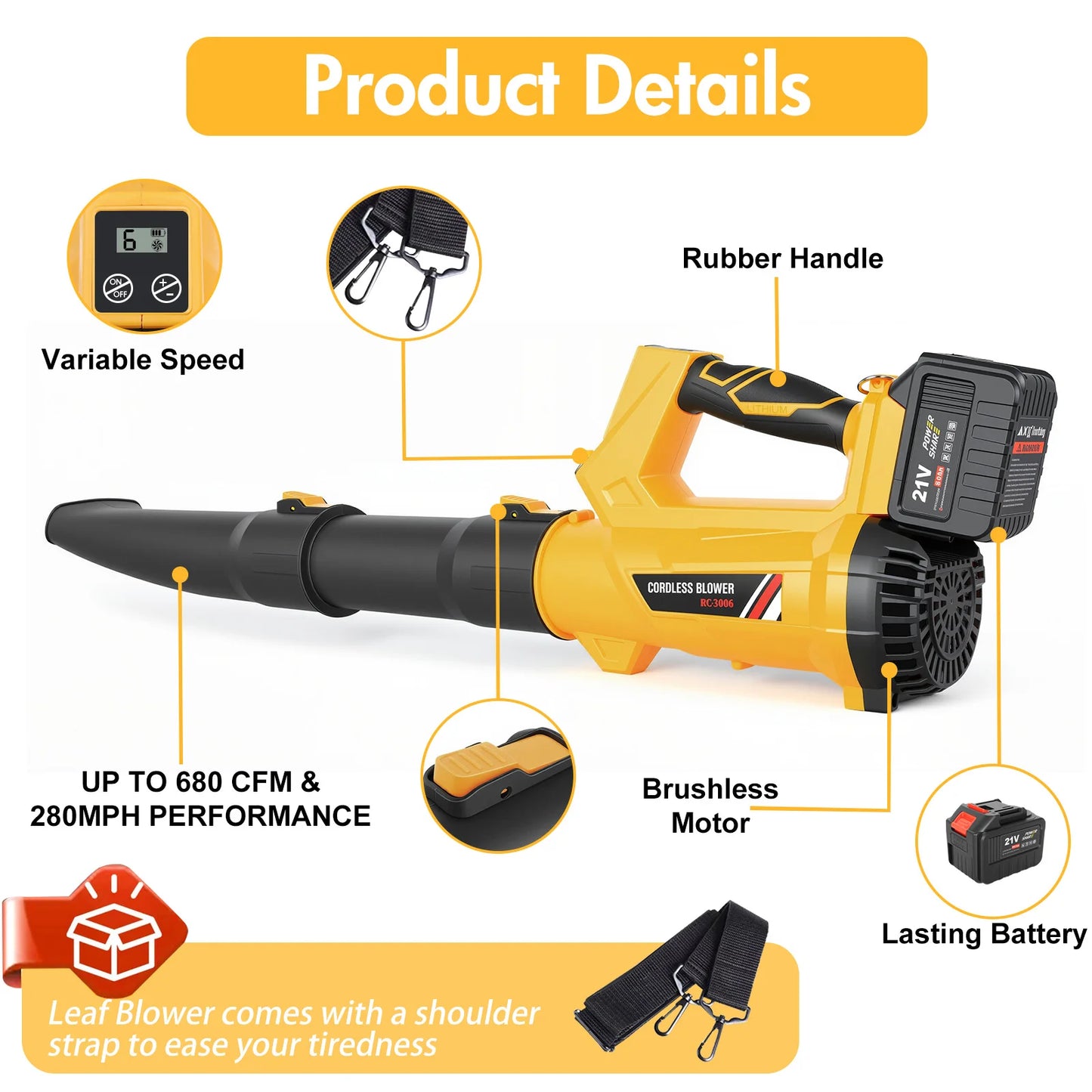 21V Cordless Leaf Blowe Electric Air Blower Fast Charger 2x6.0Ah Batteries 6-Speed LCD Display Handheld for Lawn Patio Yard