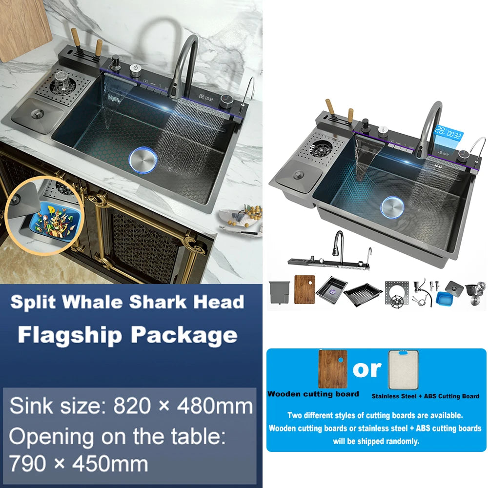 Multifunctional Kitchen Sink Stainless Steel Waterfall Diswashing Sinks Digital Display Large Single Slot with Trash can