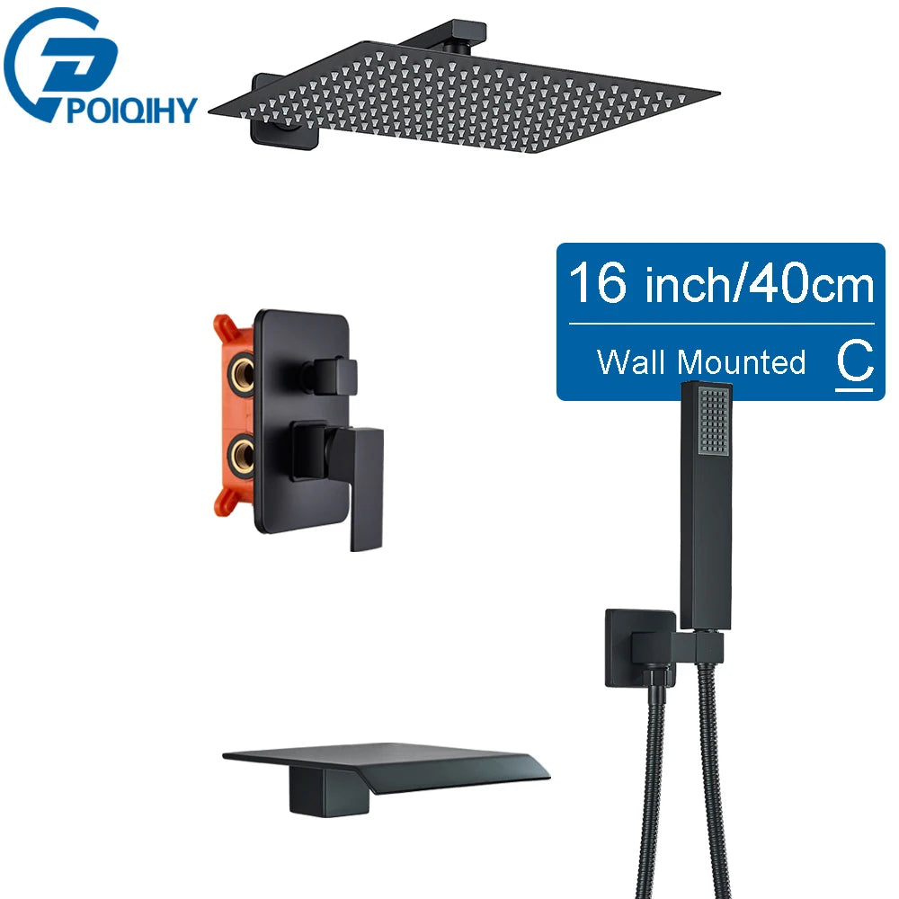 POIQIHY Embedded In Wall Shower Faucet Rainfall Stainless Steel 8/10/12/16" Shower Head Faucet Shower Tap Mixers Matte Black