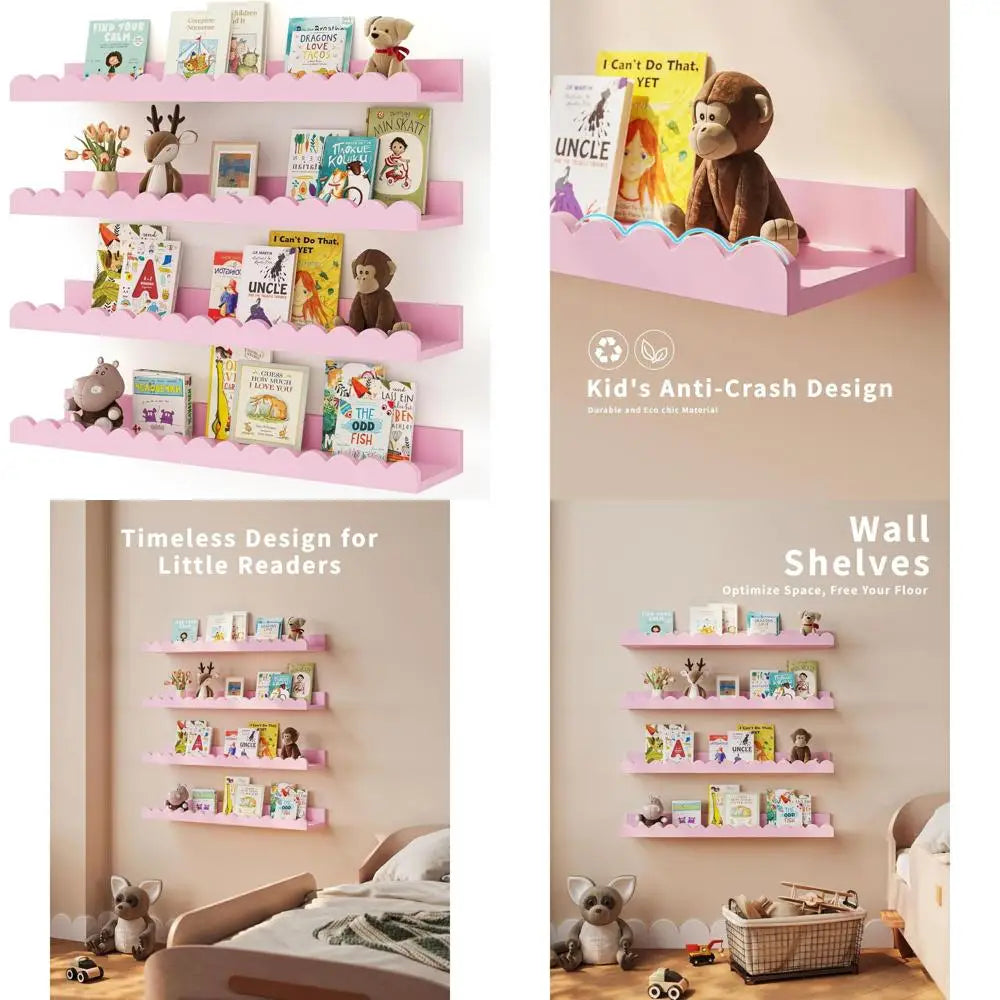Set of 4 White Scalloped Floating Shelves for Kids' Rooms, Nursery, and Baby Rooms - Pink, 23