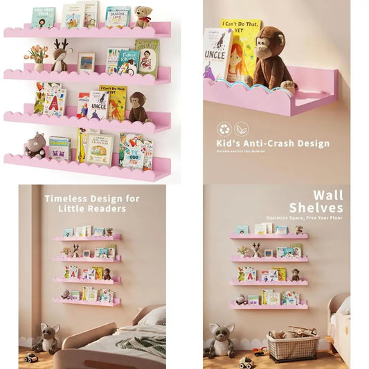 Set of 4 White Scalloped Floating Shelves for Kids' Rooms, Nursery, and Baby Rooms - Pink, 23