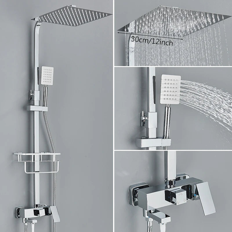 3/4-way Shower Faucet Rainfall Shower Hot Cold Water Mixer Bidet Faucet Commodity Shelf For Bathroom Shower Mixer Chrome Black