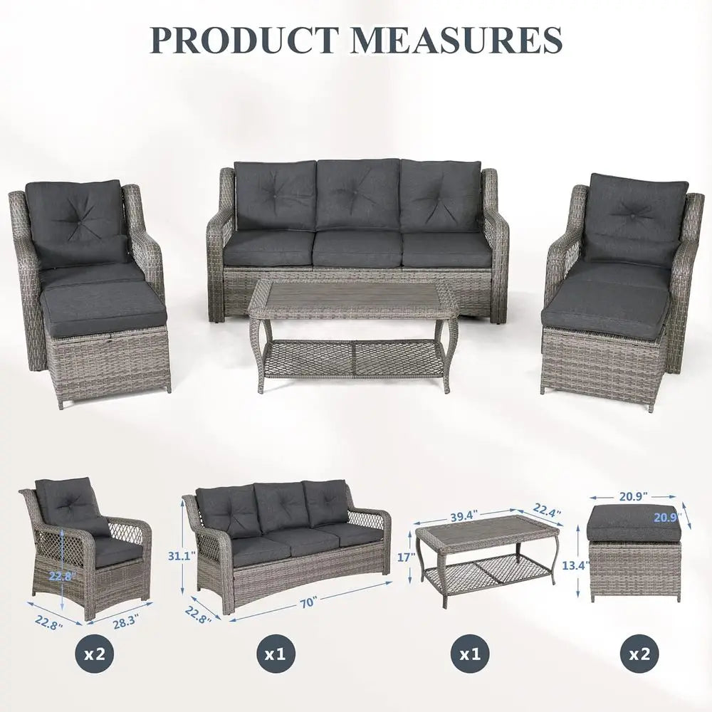 6-Piece Grey Wicker Outdoor Patio Furniture Set with Sectional Sofa, Coffee Table, High Back Chairs, and Ottoman for Garden, Dec