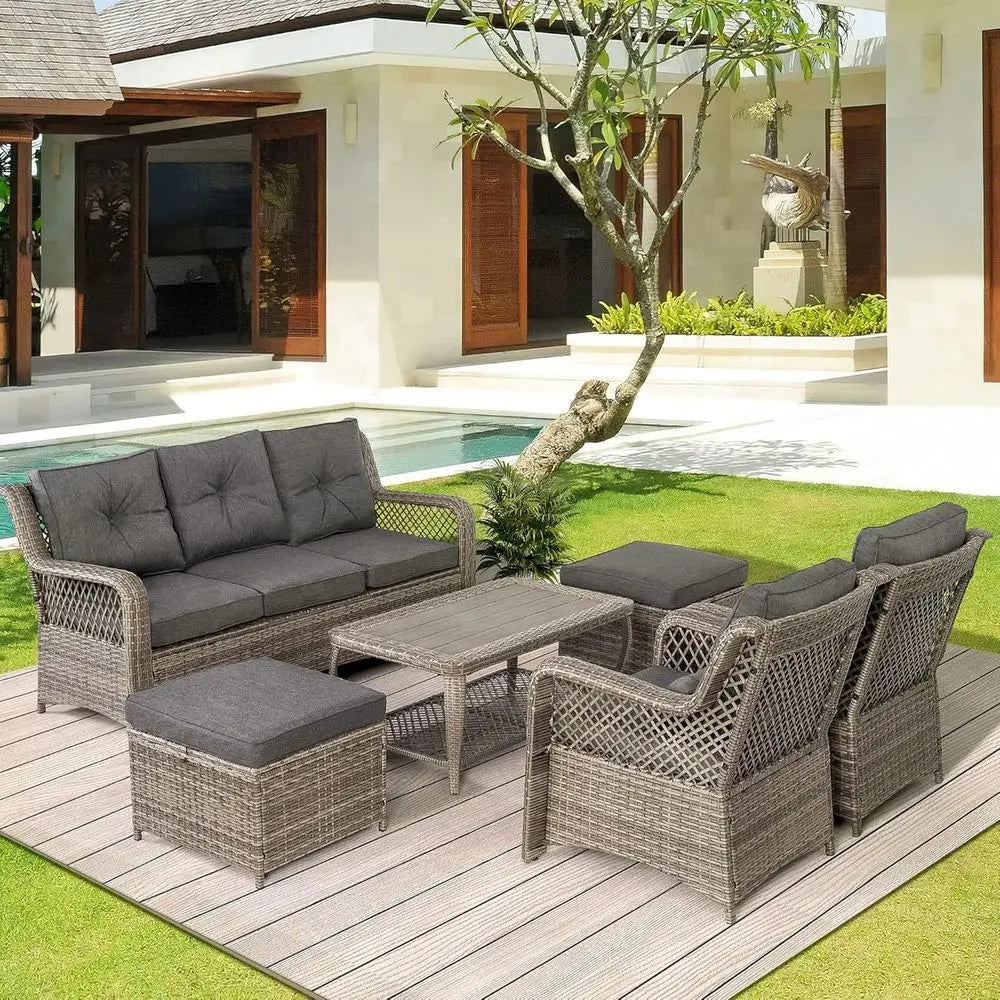 6-Piece Grey Wicker Outdoor Patio Furniture Set with Sectional Sofa, Coffee Table, High Back Chairs, and Ottoman for Garden, Dec