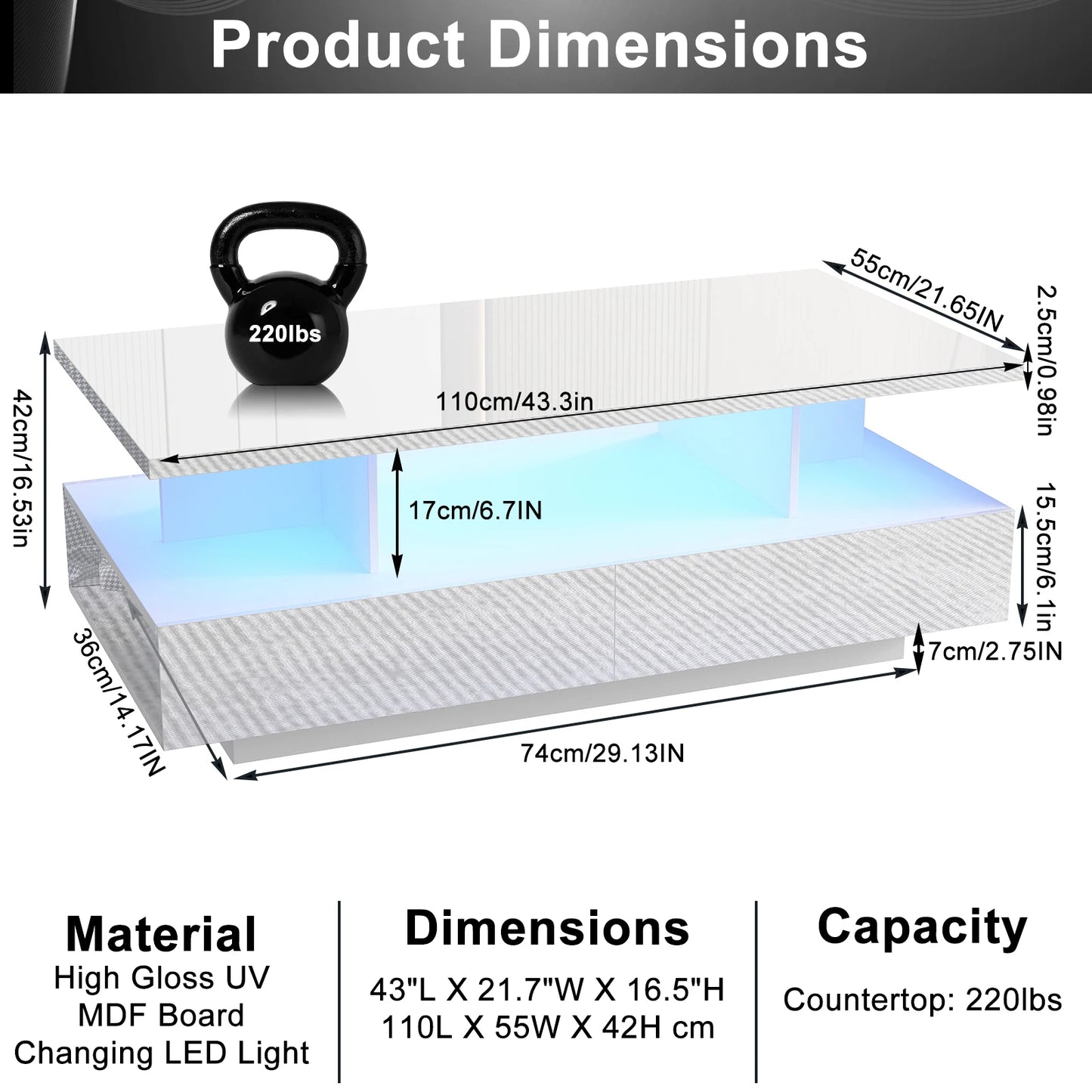 43 Inch LED Coffee Table w/2 Storage Drawers, Modern High Gloss Coffee Table w/Display Shelf, Rectangle 2-Tier Center Table