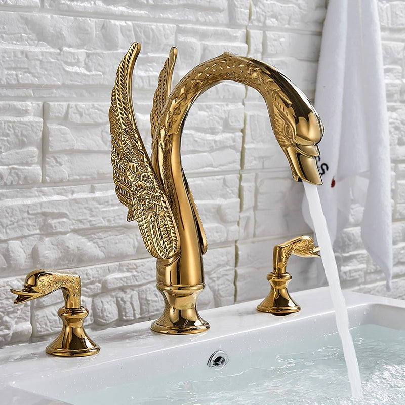 Golden Swan Shape Bathroom Faucet Basin Faucet Tap  Bathtub Faucet Two Crystal Handles Hot Cold Mixer Crane Basin Faucet Tap