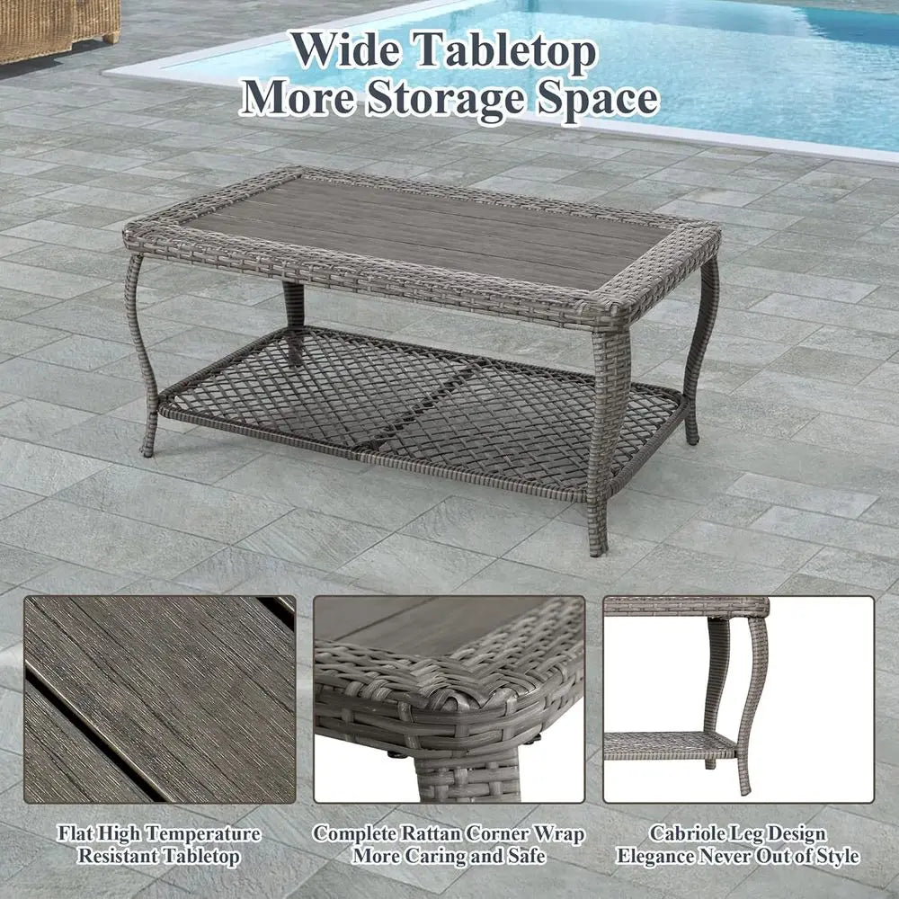 6-Piece Grey Wicker Outdoor Patio Furniture Set with Sectional Sofa, Coffee Table, High Back Chairs, and Ottoman for Garden, Dec