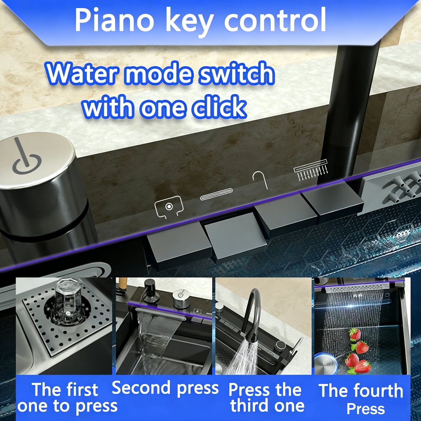 Multifunctional Kitchen Sink Stainless Steel Waterfall Diswashing Sinks Digital Display Large Single Slot with Trash can