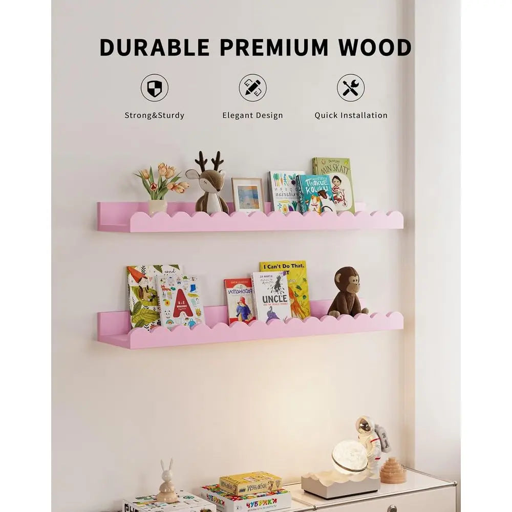 Set of 4 White Scalloped Floating Shelves for Kids' Rooms, Nursery, and Baby Rooms - Pink, 23