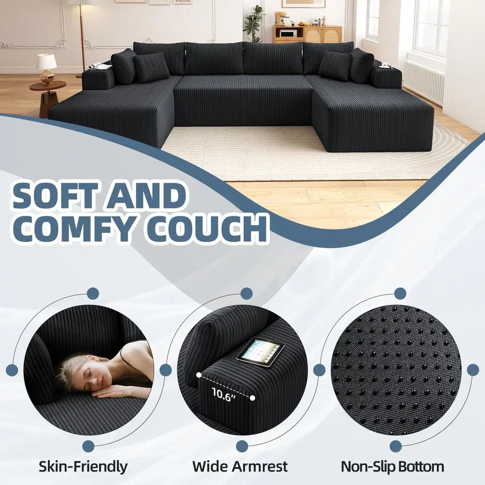 Couch UShaped Sectional Sofa, 134 Modular Boneless Couches for Living Room, Corduroy Deep Seat Sofa with 2 Chaise Lounges and 1