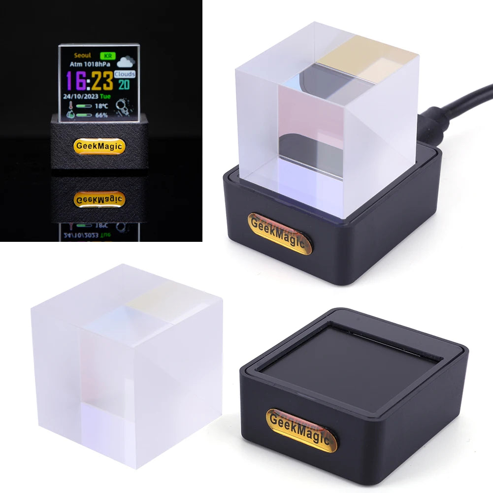 Crystal Cube Photo Display Holographic Desktop Smart Weather Station & Digital Clock with GIF Animations Album for Desktop Decor