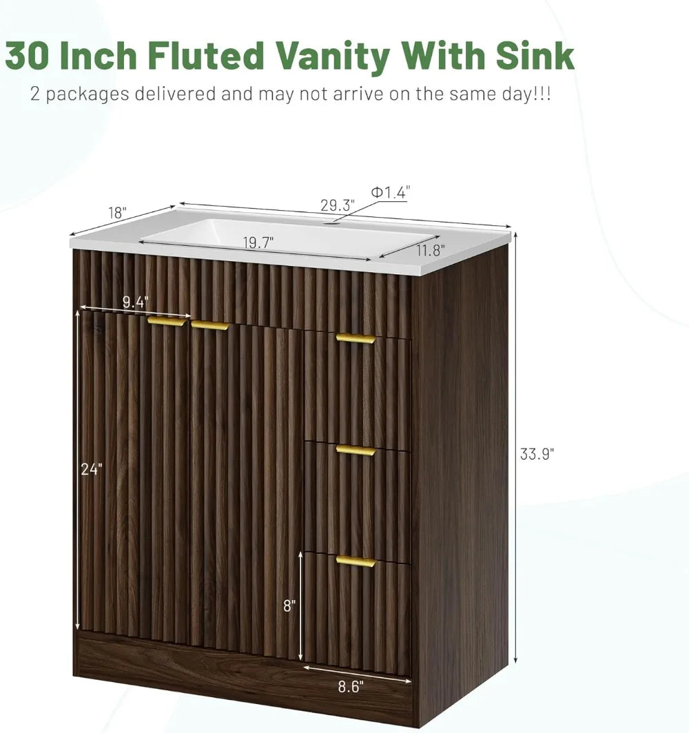 30 Inch Modern Fluted Bathroom Vanity with Sink, Storage Cabinet, Adjustable Shelf, Soft Closing Doors & Drawers in Walnut