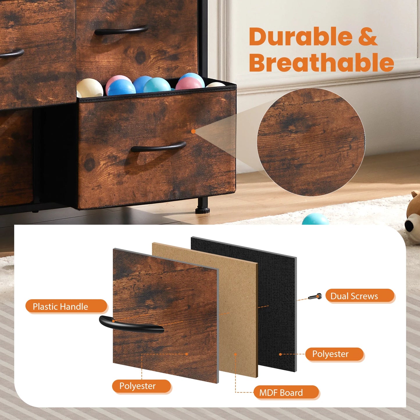 JHK Bedside Table With Fabric Drawers And Steel Frame