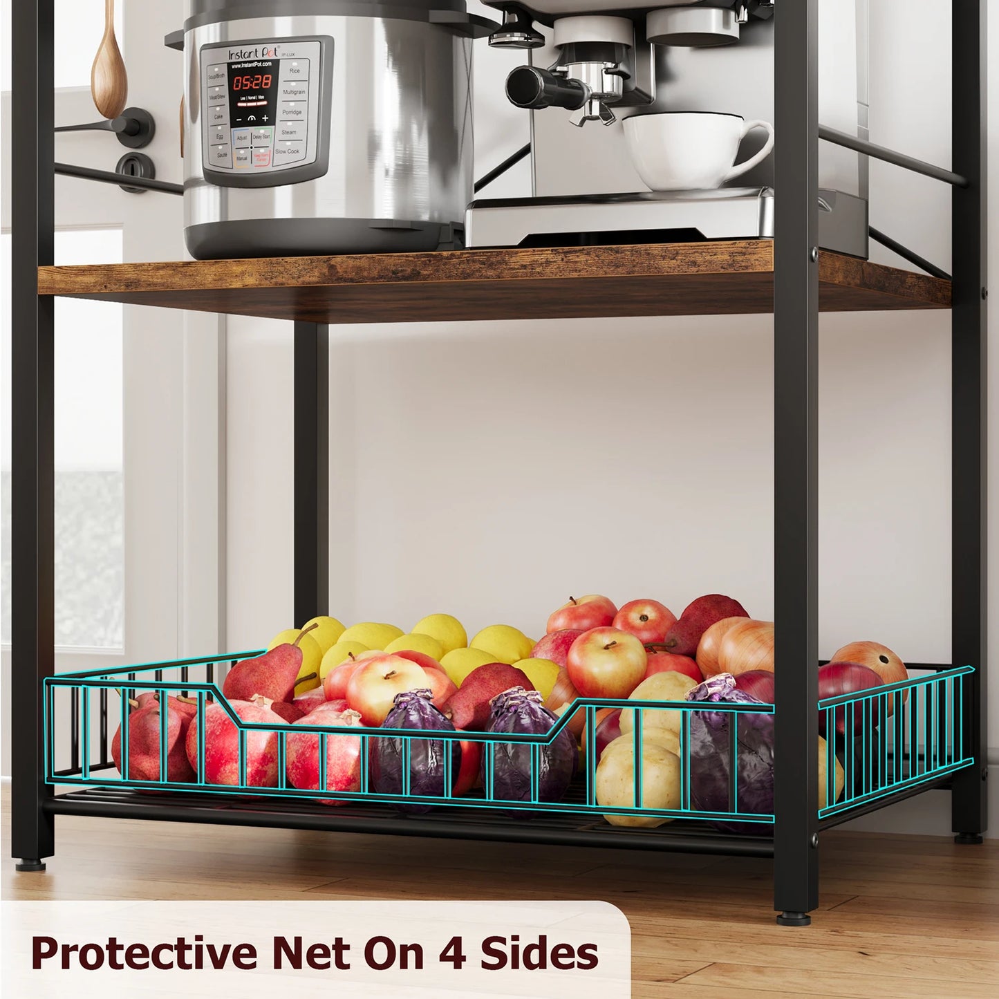 Kitchen Bakers Rack, Microwave Oven Stand with Large Wire Basket, 4-Tier Kitchen Utility Storage Shelf Coffee Bar Station