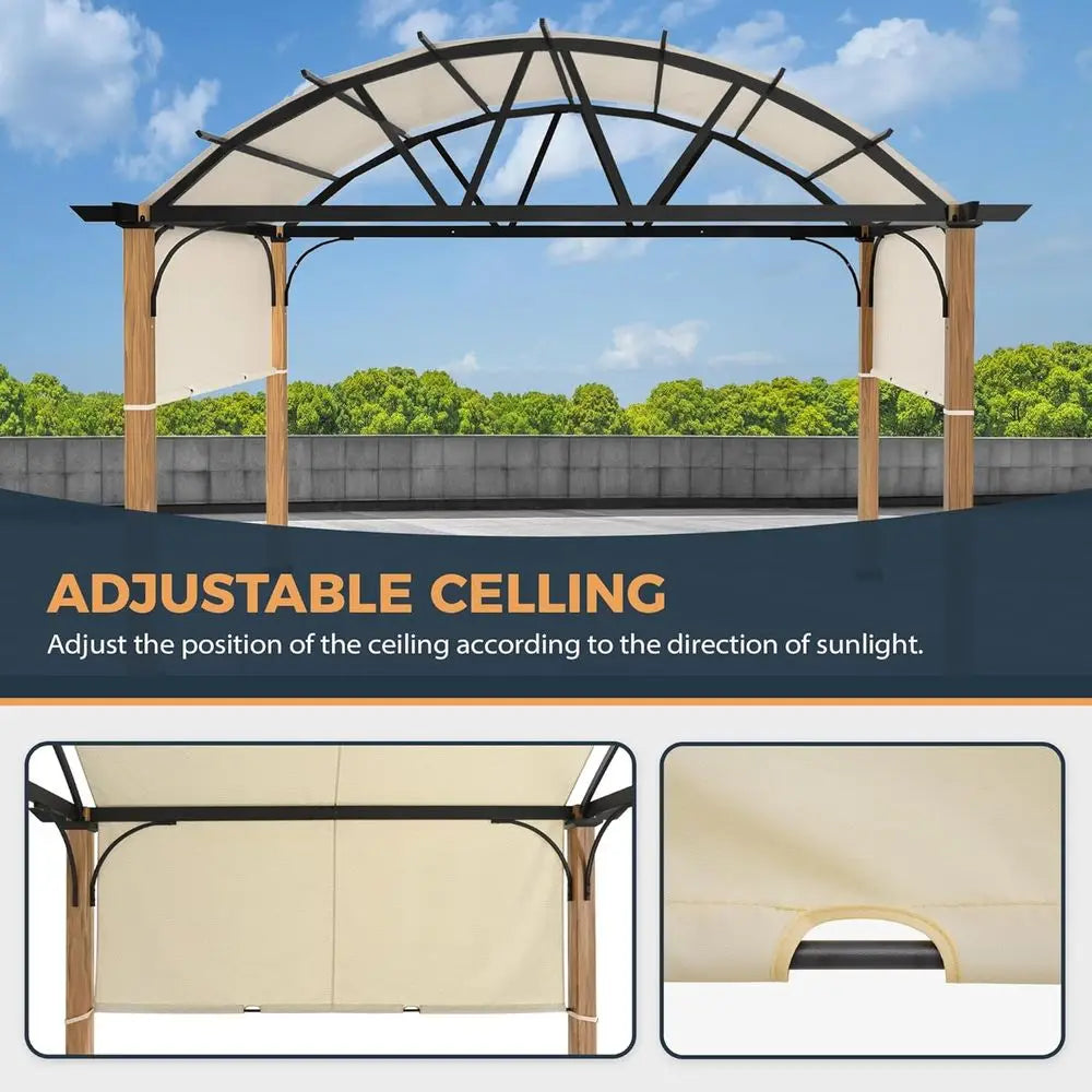 10' X 13' Outdoor Pergola with Sling Retractable Canopy, Wood-Like Aluminum Patio Pergola Shade for Patio, Backyard, Garden,Pool