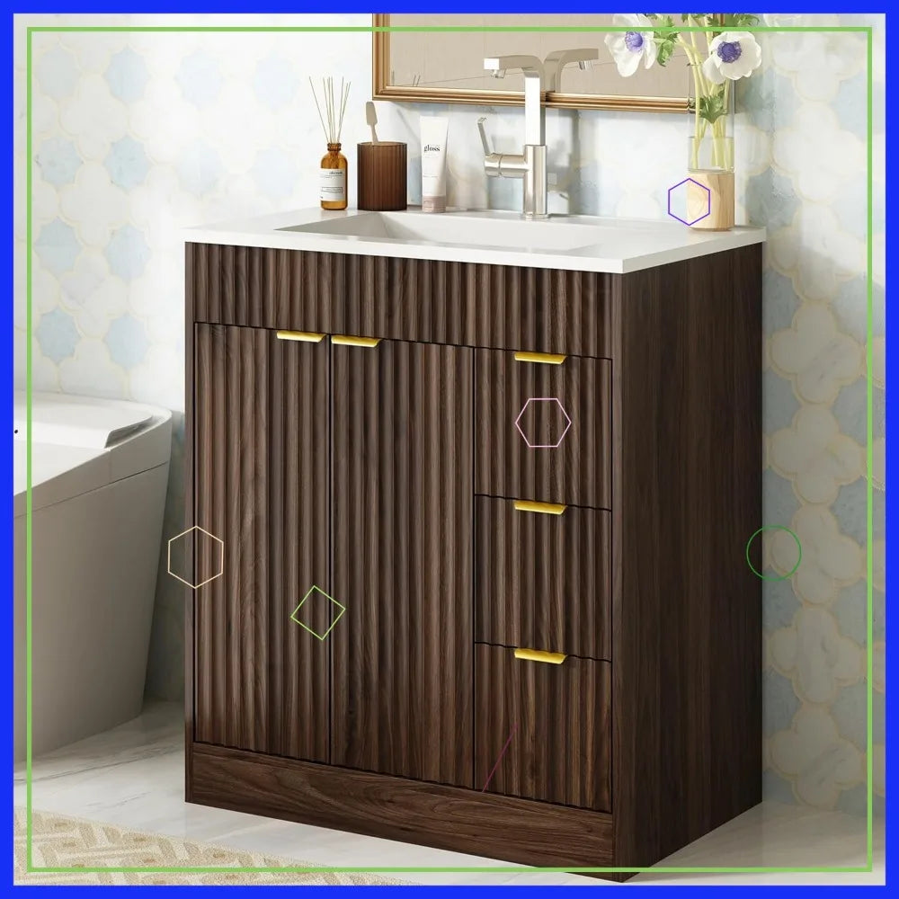 30 Inch Modern Fluted Bathroom Vanity with Sink, Storage Cabinet, Adjustable Shelf, Soft Closing Doors & Drawers in Walnut