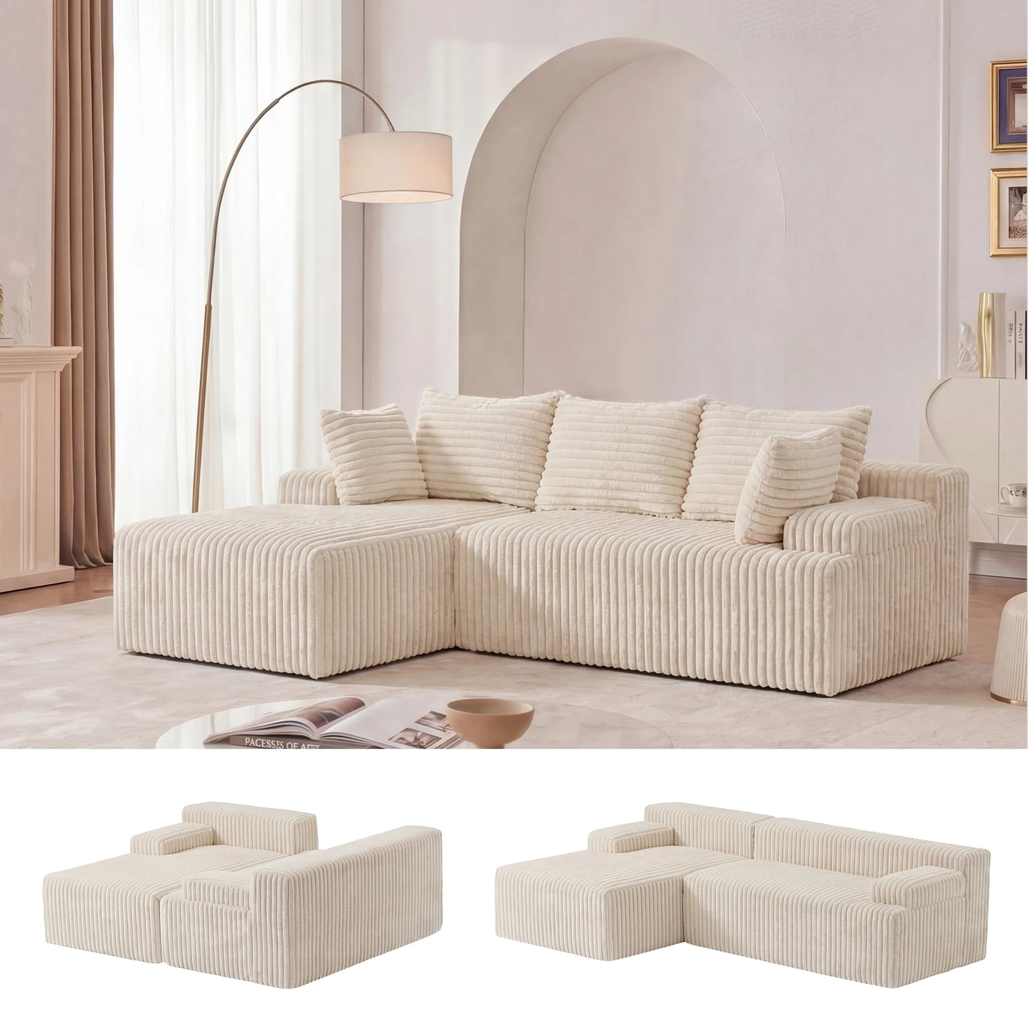 Redlife L Shape Corduroy Sectional Sofa Modern Living Room