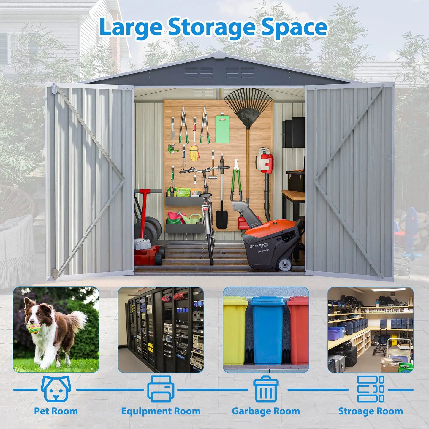 8x6 FT Outdoor Waterproof Garden Shed, Metal Foundation, Lockable Hinged Doors, Air Vents, Gray for Backyard & Lawn