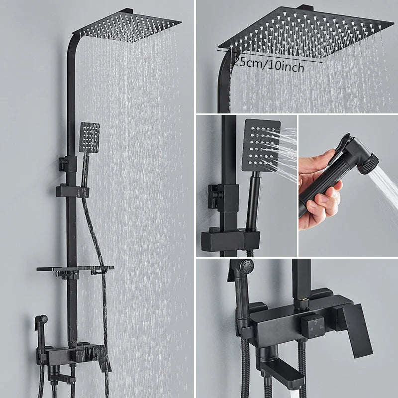3/4-way Shower Faucet Rainfall Shower Hot Cold Water Mixer Bidet Faucet Commodity Shelf For Bathroom Shower Mixer Chrome Black