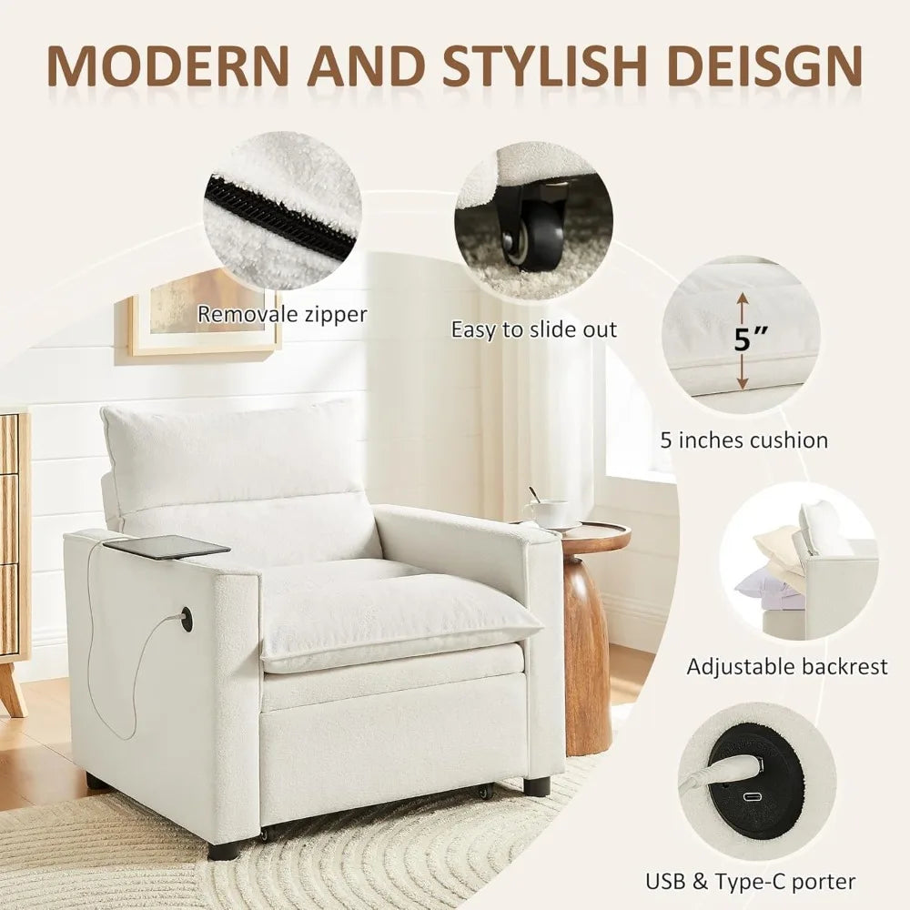 Convertible 3-in-1 Futon Sofa Bed with USB & Type-C Ports, Modern Multi-Functional Sleeper Chair Couch, Pull-Out Chaise Lounge