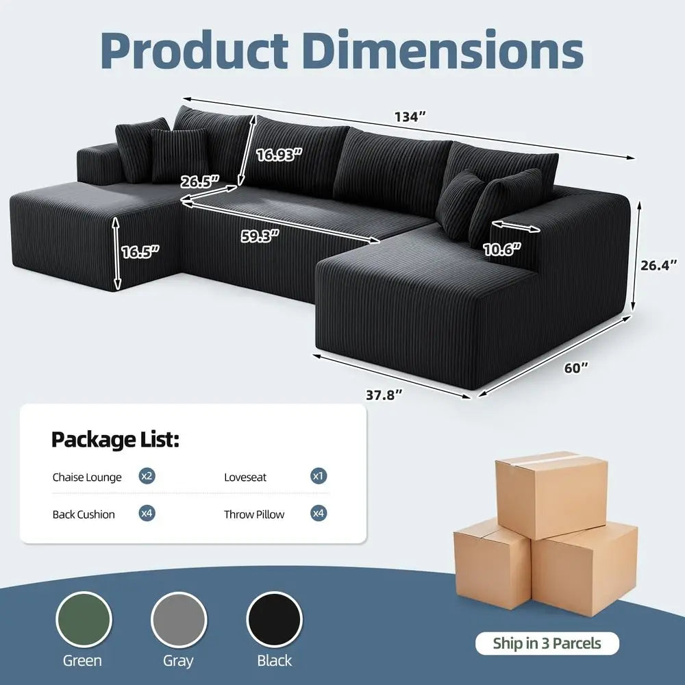 Couch UShaped Sectional Sofa, 134 Modular Boneless Couches for Living Room, Corduroy Deep Seat Sofa with 2 Chaise Lounges and 1